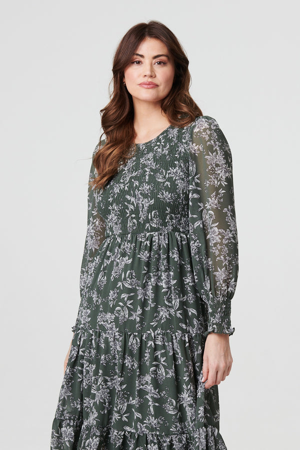 Olive | Floral Semi Sheer Smocked Midi Dress