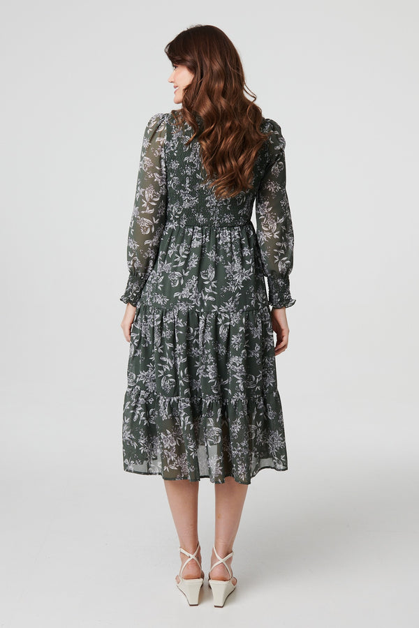 Olive | Floral Semi Sheer Smocked Midi Dress
