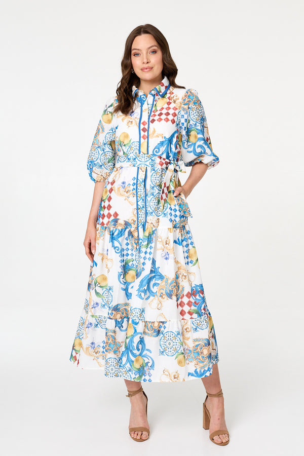 White | Printed 1/2 Puff Sleeve Shirt Midi Dress