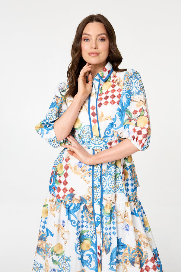 White | Printed 1/2 Puff Sleeve Shirt Midi Dress