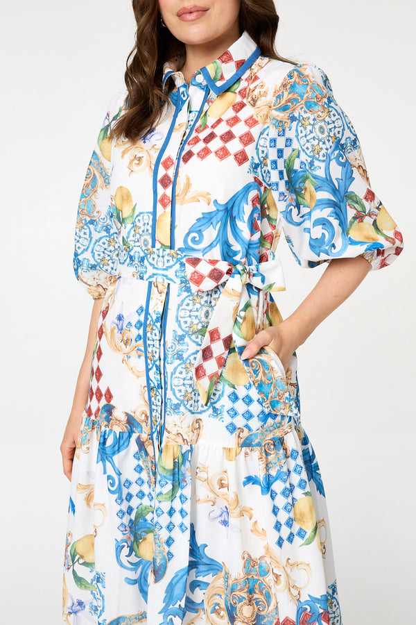 White | Printed 1/2 Puff Sleeve Shirt Midi Dress