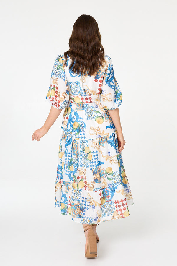 White | Printed 1/2 Puff Sleeve Shirt Midi Dress