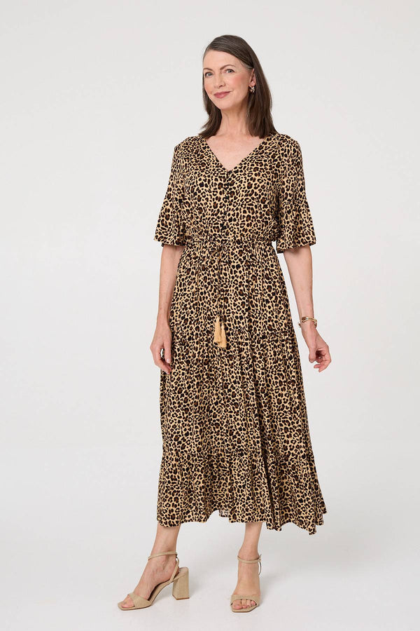 Beige | Animal Print 3/4 Flare Sleeve Maxi Dress