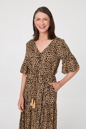 Beige | Animal Print 3/4 Flare Sleeve Maxi Dress
