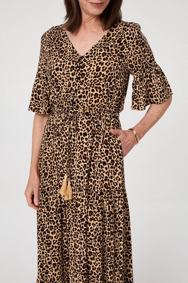 Beige | Animal Print 3/4 Flare Sleeve Maxi Dress
