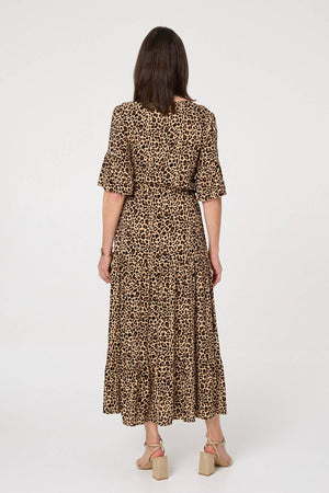 Beige | Animal Print 3/4 Flare Sleeve Maxi Dress