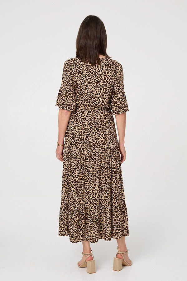Beige | Animal Print 3/4 Flare Sleeve Maxi Dress