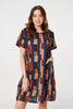 Navy | Printed Short Sleeve Knee Length Dress : Model is 5'9