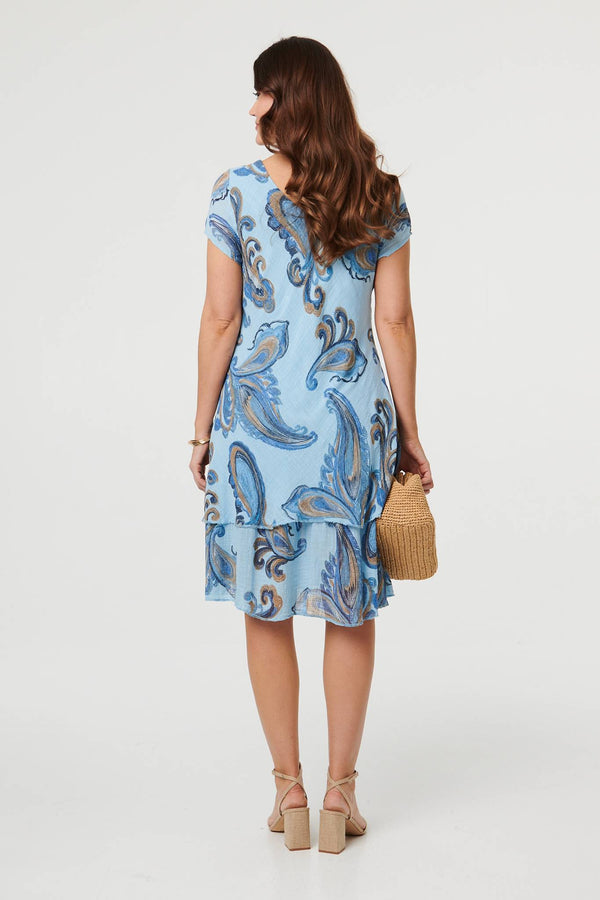 Blue | Floral Print Layered Knee Length Dress