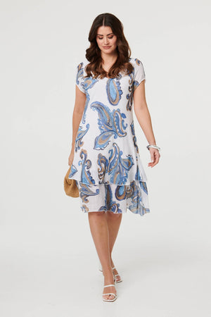White | Floral Print Layered Knee Length Dress : Model is 5'9