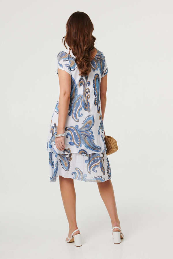 White | Floral Print Layered Knee Length Dress