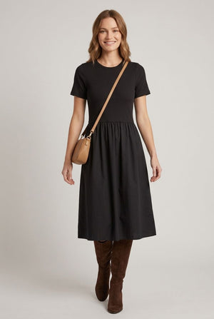 Black | Short Sleeve Contrast Texture Midi Dress