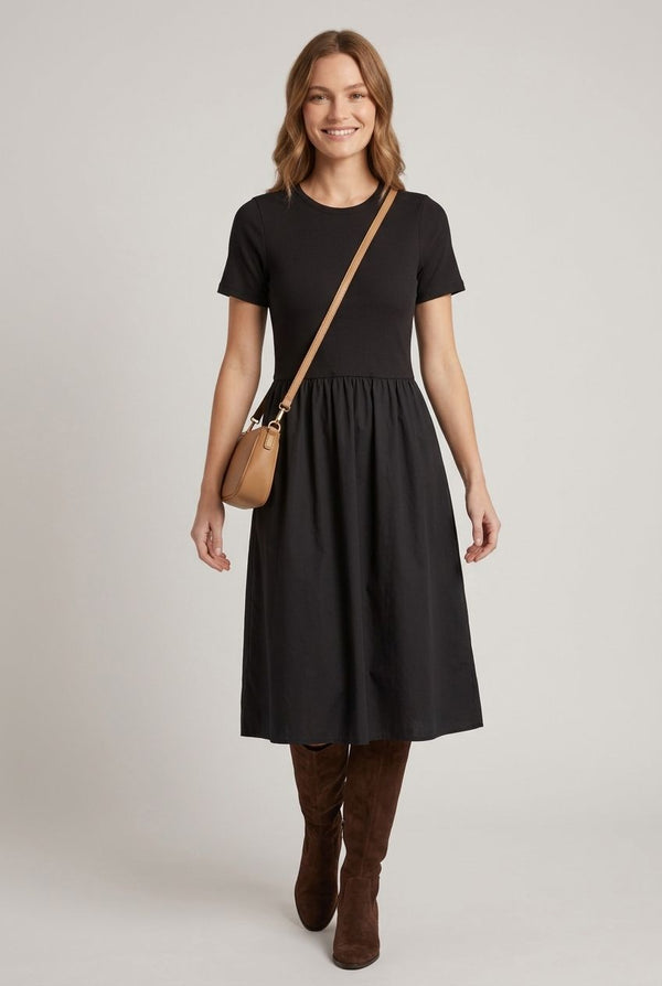 Black | Short Sleeve Contrast Texture Midi Dress