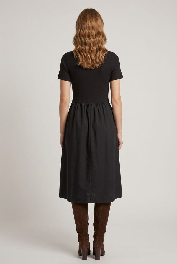 Black | Short Sleeve Contrast Texture Midi Dress