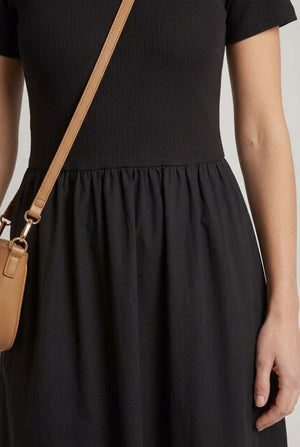 Black | Short Sleeve Contrast Texture Midi Dress