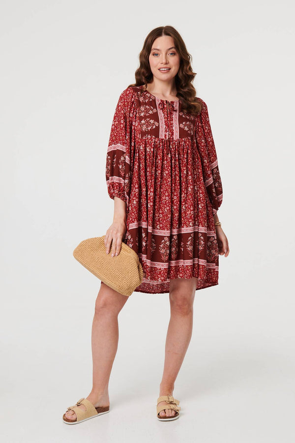 Burgundy | Ditsy Floral 3/4 Sleeve Short Dress
