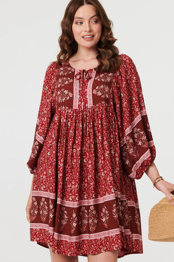Burgundy | Ditsy Floral 3/4 Sleeve Short Dress
