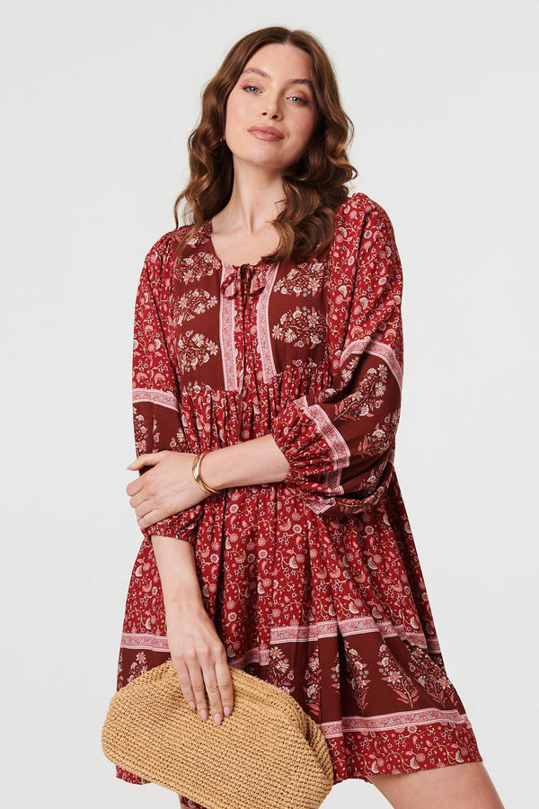 Burgundy | Ditsy Floral 3/4 Sleeve Short Dress
