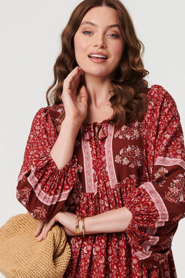 Burgundy | Ditsy Floral 3/4 Sleeve Short Dress
