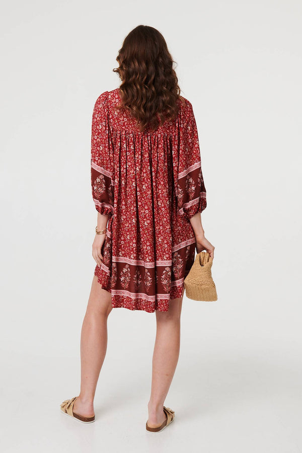 Burgundy | Ditsy Floral 3/4 Sleeve Short Dress
