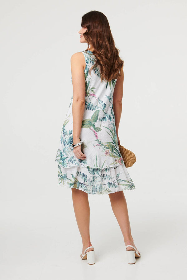 Cream | Leaf Print Sleeveless Knee Length Dress