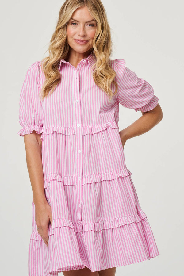 Pink | Striped 1/2 Sleeve Short Shirt Dress
