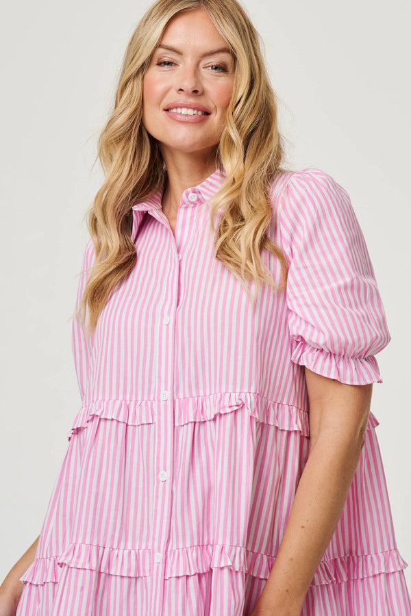 Pink | Striped 1/2 Sleeve Short Shirt Dress
