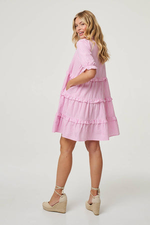 Pink | Striped 1/2 Sleeve Short Shirt Dress
