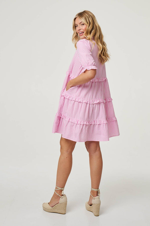 Pink | Striped 1/2 Sleeve Short Shirt Dress

