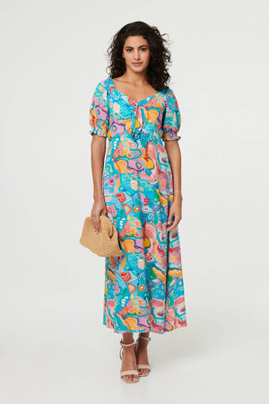 Blue | Abstract Tie Neck Puff Sleeve Midi Dress
