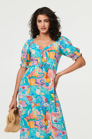 Blue | Abstract Tie Neck Puff Sleeve Midi Dress
