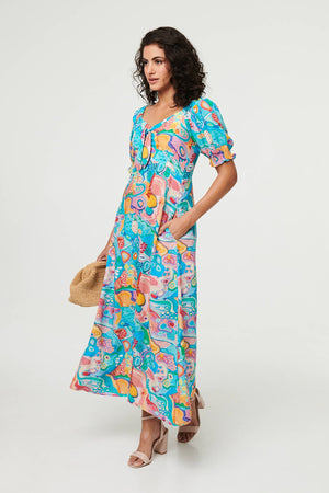 Blue | Abstract Tie Neck Puff Sleeve Midi Dress
