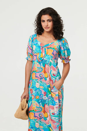 Blue | Abstract Tie Neck Puff Sleeve Midi Dress
