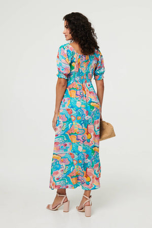 Blue | Abstract Tie Neck Puff Sleeve Midi Dress
