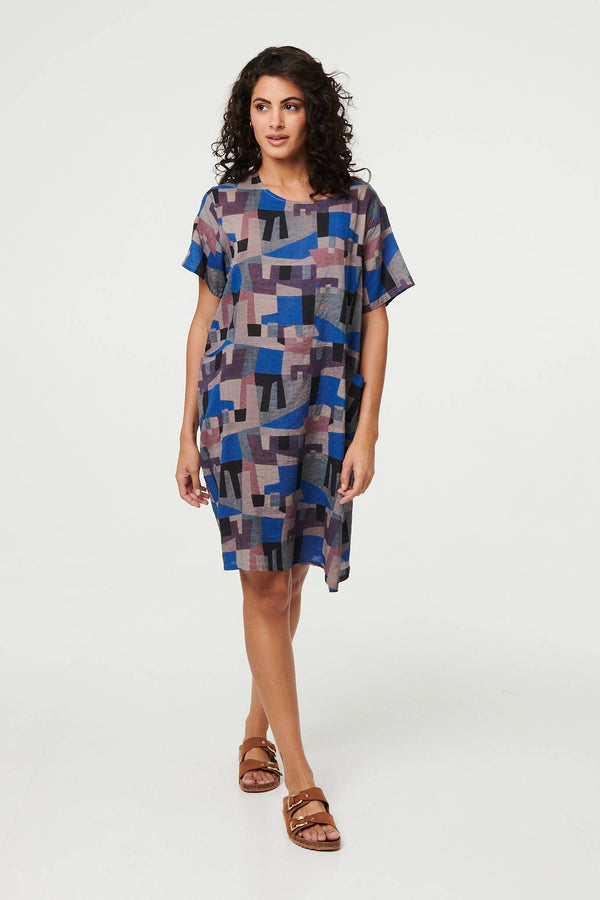 Blue | Abstract Relaxed Knee Length Shift Dress
