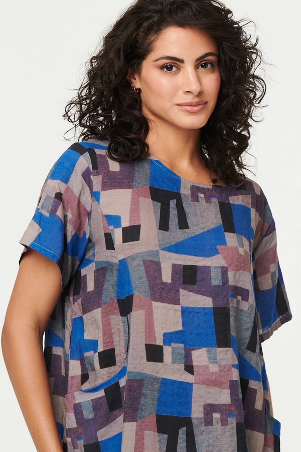 Blue | Abstract Relaxed Knee Length Shift Dress
