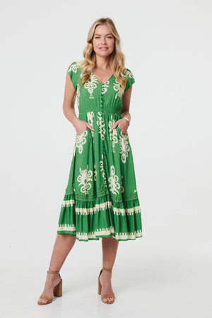 Green | Ikat Print Cap Sleeve Shirred Midi Dress

