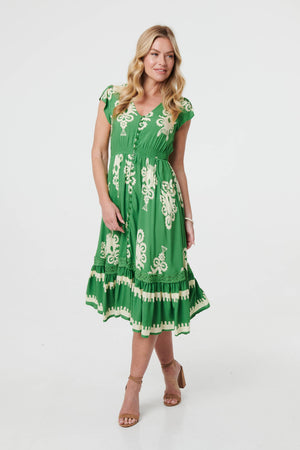 Green | Ikat Print Cap Sleeve Shirred Midi Dress