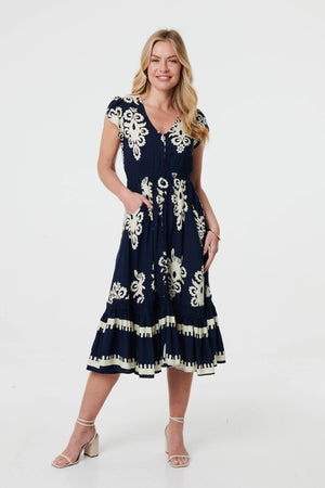 Navy | Ikat Print Cap Sleeve Shirred Midi Dress
