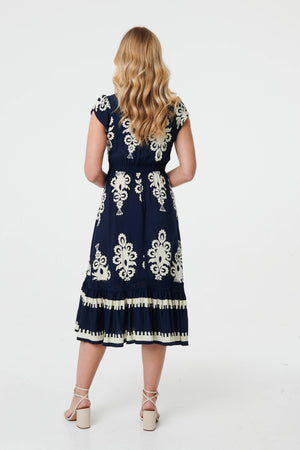 Navy | Ikat Print Cap Sleeve Shirred Midi Dress
