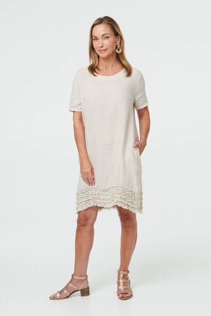 Linen | Frill Hem Short Relaxed Shift Dress : Model is 5'7