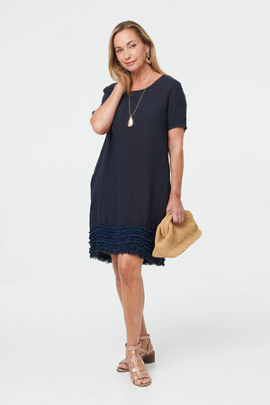 Navy | Frill Hem Short Relaxed Shift Dress : Model is 5'7