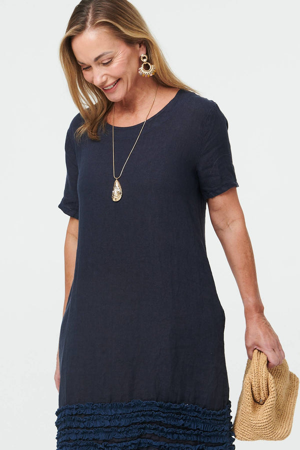 Navy | Frill Hem Short Relaxed Shift Dress
