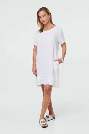 White | Frill Hem Short Relaxed Shift Dress : Model is 5'7