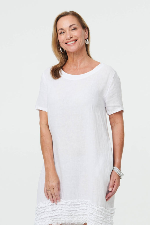 White | Frill Hem Short Relaxed Shift Dress