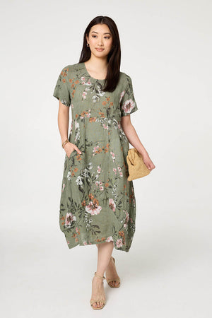Khaki | Floral Short Sleeve Oversized Midi Dress