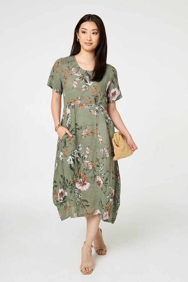 Khaki | Floral Short Sleeve Oversized Midi Dress