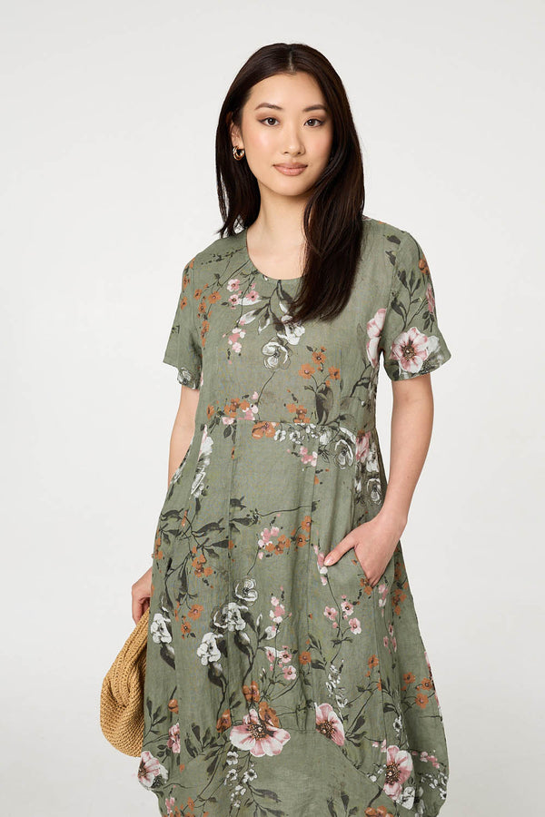 Khaki | Floral Short Sleeve Oversized Midi Dress