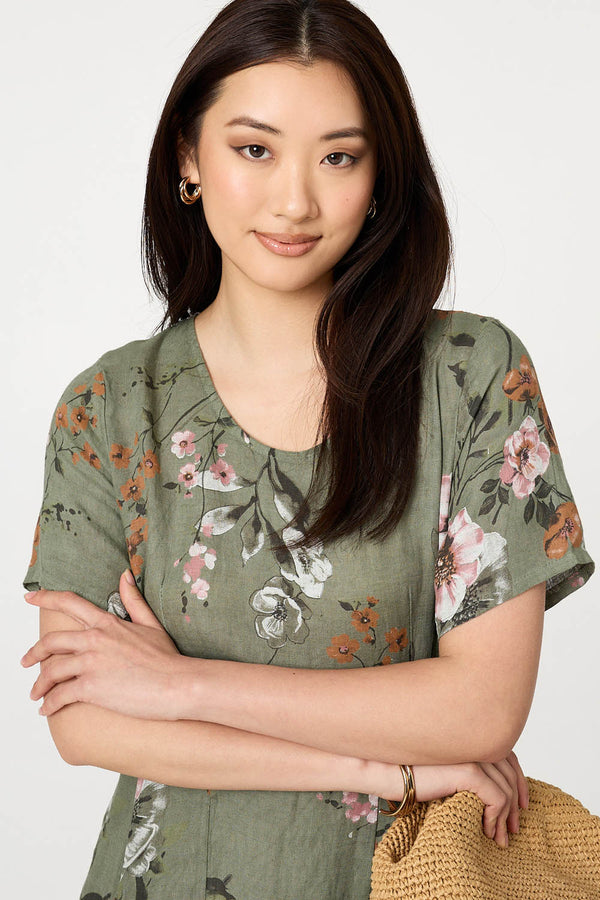 Khaki | Floral Short Sleeve Oversized Midi Dress