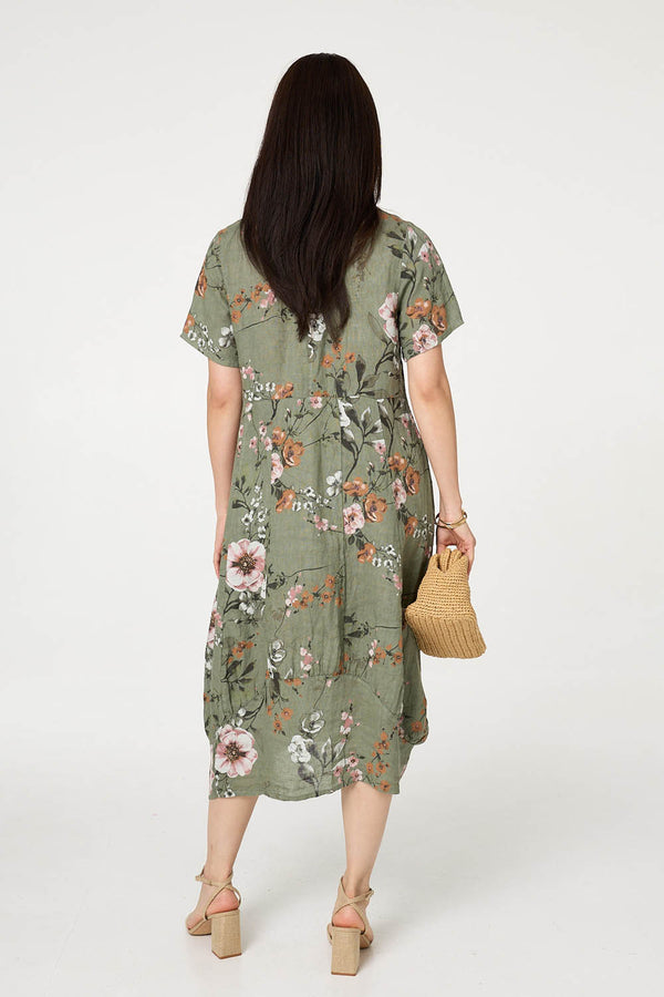 Khaki | Floral Short Sleeve Oversized Midi Dress